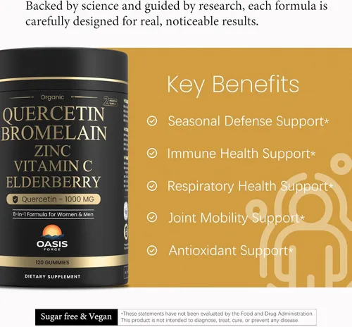 Miniatura 3 de Gomitas de quercetina 8 en 1 con bromelina de 1000 mg, suplemento de quercetina orgánica de alta potencia con zinc y vitamina C, saúco, bienestar