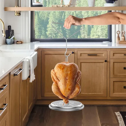 Miniatura 7 de Kit de accesorios para freidora de pavo perforado, pollo, aves de corral, con mango de alambre, gancho elevador, base vertical para asador
