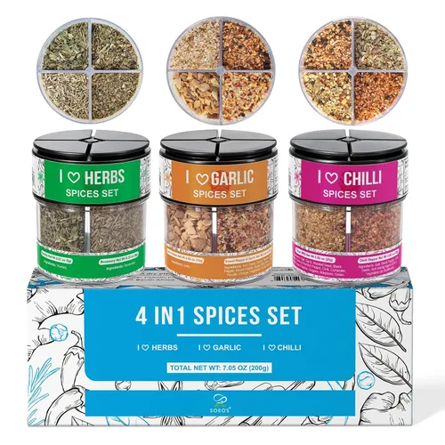 Soeos 4-in-1 Spice Set (Pack of 3), 7.5 oz (200g) Garlic, Chili & Herbs Seasoning Blend – All-Purpose Cooking Spices for Everyday Meals, Marinades &