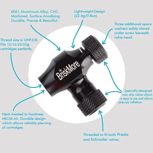 Miniatura 4 de Kits de Inflador CO2 BriskMore con Cartuchos de CO2 de 9X16g o 5 X 16g, Compatible con Válvulas Presta y Schrader, Bomba de CO2 para Neumáticos