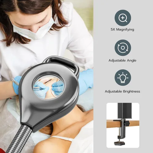 Miniatura 4 de Paddie Vaporizador facial profesional 3 en 1 sobre ruedas para esteticista, niebla fría y caliente, lámpara de aumento LED 5X, color negro