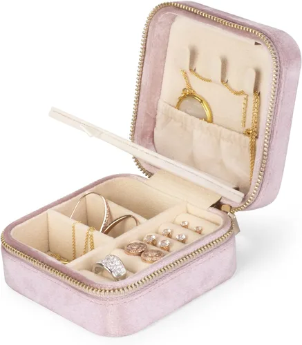 Miniatura 2 de SoleGood Joyero pequeño de terciopelo de felpa, organizador de almacenamiento de collares, anillos, mini joyero, organizador de viaje para mujeres
