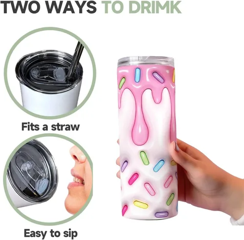Miniatura 4 de Vaso delgado de 20 onzas con tapa y pajilla, regalos para niños, regalos de cumpleaños, taza de viaje para amigos, acero inoxidable, doble pared