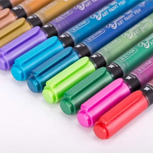 ZEYAR Bolígrafos de pintura acrílica de doble punta, 12 colores metálicos, punta ancha y extrafina, producto patentado, tinta acrílica a base de