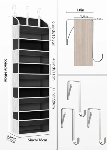 Miniatura 5 de TAHAVICE Paquete de 1 organizador de almacenamiento sobre la puerta con 5 bolsillos, 10 bolsillos laterales de malla, capacidad de peso de 44 Negro