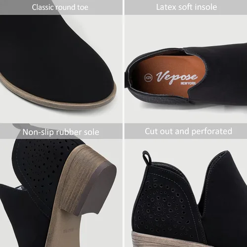 Miniatura 3 de VEPOSE botas al tobillo para mujer con tacón bajo y grueso, con perforaciones, botas de vaquero