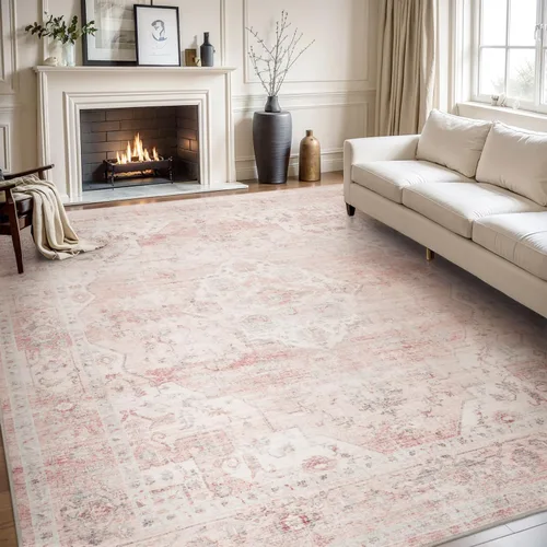 AMOAMI - Alfombra de área de 5 x 7 pulgadas, alfombras para sala de estar - Alfombras vintage suaves de color rosa para dormitorio - Alfombra