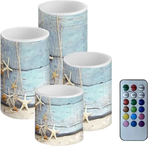 Miniatura 47 de Velas LED parpadeantes operadas por batería, juego de 4 con control remoto y temporizador, velas de llama danzante, velas de pilar para mesa, Playa