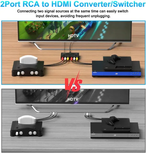 Miniatura 5 de Adaptador convertidor RCA/AV a HDMI de 2 puertos para WII, N64, Xbox, PS1/2/3, reproductores de DVD, etc. (salida HDMI 2AV en 1)