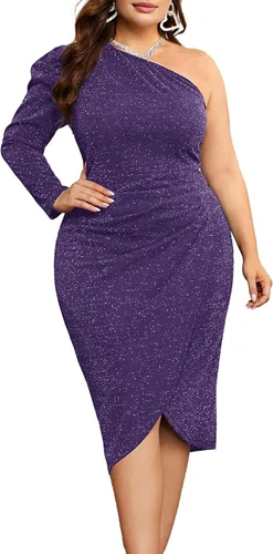 KIMCURVY Vestido midi con purpurina para mujer, talla grande, con un hombro descubierto, fruncido, para fiesta de cóctel