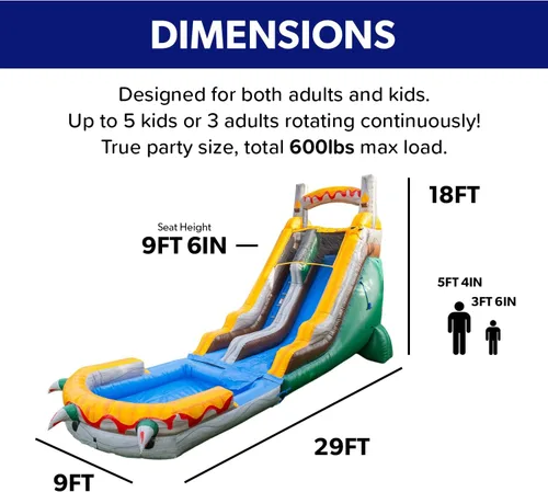 Miniatura 2 de HeroKiddo Tobogán acuático inflable T-Rex de 18 pies con piscina desmontable y soplador, 29 pies de largo, vinilo de PVC 100% comercial, tobogán
