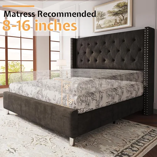 Miniatura 5 de Jocisland Armazón de Cama Queen Tapizada con Cabecero Wingback de Terciopelo Acolchado con Botones en Patrón de Diamante/No Necesita Somier/Fácil