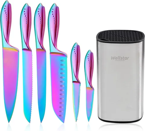 WELLSTAR Rainbow - Juego de 7 cuchillos de cocina de acero inoxidable de alto carbono iridiscentes alemanes con bloque universal de cuchillos, Juego
