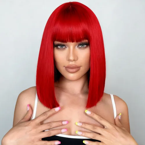 Colorful Queen Pelucas rojas estilo Bob para mujer, peluca corta de 14 pulgadas con flequillo, peluca sintética recta Yaki, aspecto natural, para