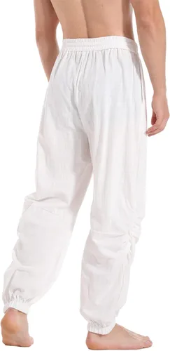 Miniatura 4 de perdontoo Pantalones casuales de lino de algodón para hombre, cintura elástica, con cordón para yoga