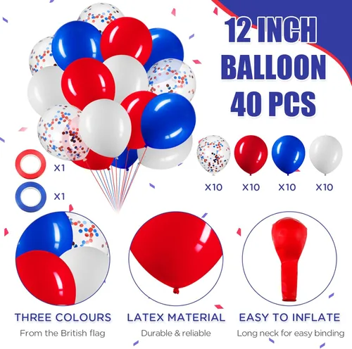 Miniatura 3 de Lenwen 54 banderines británicos del 4 de julio, banderines de bandera británica, globos de látex rojos, blancos y azules con globos de confeti
