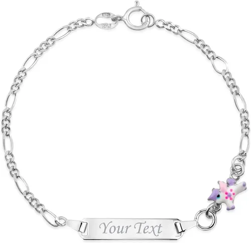 UNICORNJ 925 Italy Sterling Silver Child or Baby Name Bracelet Girls Boys, Personalized Engraved Kids ID Bracelets, 6.5" Figaro Chain, Enamel Charm