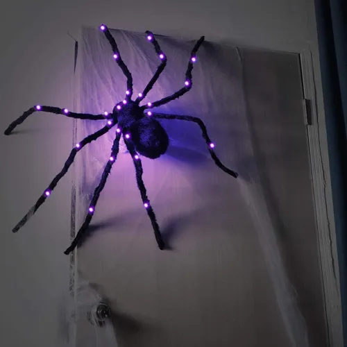 Sizonjoy Decoraciones de araña de Halloween, decoración gigante de araña peluda negra iluminada para la mejor fiesta de Halloween, decoración de
