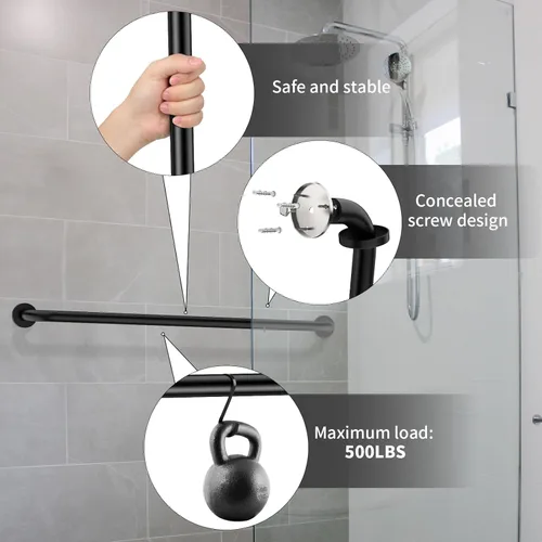 Miniatura 3 de Paquete de 2 barras de agarre para regadera de 40 pulgadas negras, mango de barra de agarre de pared de baño de acero inoxidable ZUEXT, barra