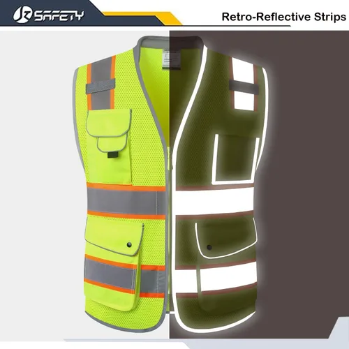 Miniatura 3 de JKSafety Chaleco de seguridad de alta visibilidad con 9 bolsillos, tela de malla transpirable, cuello acolchado, equipo utilitario de trabajo, PPE