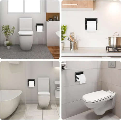 Miniatura 3 de Moderno juego de toalleros de papel higiénico empotrables de color negro mate, soporte de pared de metal duradero para ahorrar espacio, diseño