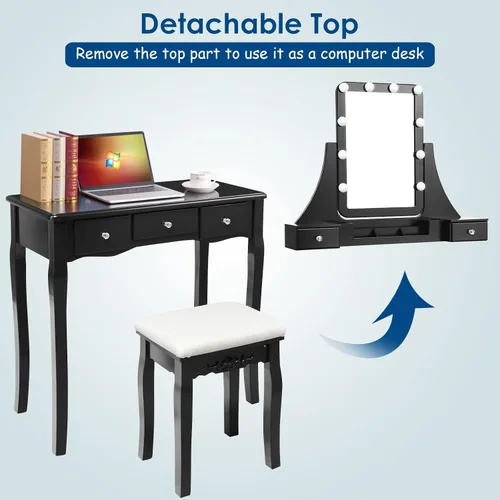 Miniatura 5 de LDAILY Juego de mesa de tocador con 10 luces LED, tocador de maquillaje con espejo cuadrado iluminado giratorio de 360°, taburete acolchado y 5