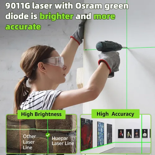 Miniatura 2 de Huepar - Nivel láser, láser de línea cruzada verde autonivelante de 100 pies para colgar fotos, azulejos, decoración y construcción de bricolaje