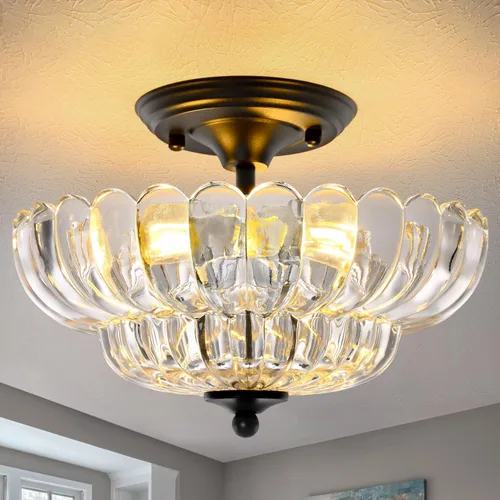 Miniatura 8 de Lámpara de techo moderna semiempotrada, 3 luces doradas para cerca del techo con pantalla de vidrio verde para sala de estar, entrada, dormitorio