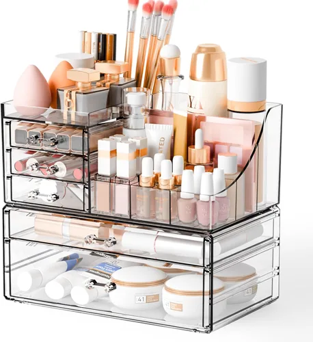 Miniatura 8 de Yieach Paquete de 2 organizadores de maquillaje transparentes para tocador, tocador y baño, organizadores de acrílico apilables con 5 cajones