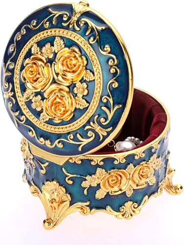 Miniatura 8 de Hipiwe Joyero de metal antiguo para anillos, aretes, caja de tesoros, caja pequeña de baratija, caja redonda de exhibición de joyas, organizador
