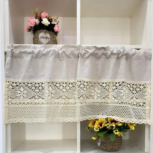 Cenefa de cortina rústica bohemia para ventana de cocina, casa de campo, hecha a mano, entretejido de encaje de ganchillo, tela de algodón, cortinas