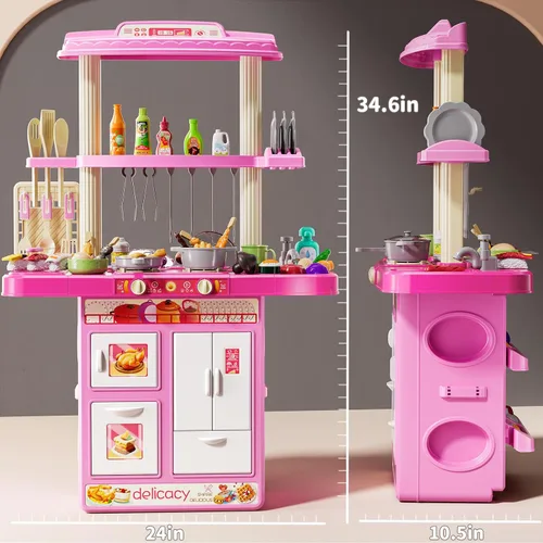 Miniatura 7 de Juego de cocina para niños, juego de cocina 2 en 1 con sonido y luz, fregadero de paly con 60 piezas de juguete de comida y accesorios de cocina