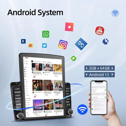 Miniatura 2 de [2G+64G] Android 13 Doble Din Vertical Estéreo para Coche con Carplay Inalámbrico/con Cable y Android Auto, 9.7 pulgadas Pantalla Táctil Unidad