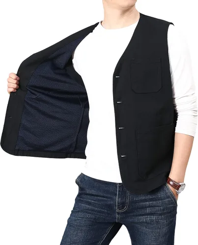Miniatura 7 de PRIJOUHE Chaleco casual de algodón para hombre, ligero y transpirable, con múltiples bolsillos, para pesca, safari, viajes, al aire libre