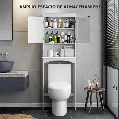 Miniatura 4 de Bealife Armario de almacenamiento sobre el inodoro con estante abierto, organizador con estante ajustable y puertas dobles, estante de Blanco