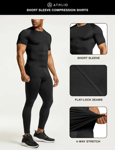 Miniatura 5 de ATHLIO Paquete de 1 o 3 camisetas de compresión de manga corta para hombre, camisetas deportivas de capa base, camiseta de entrenamiento atlético