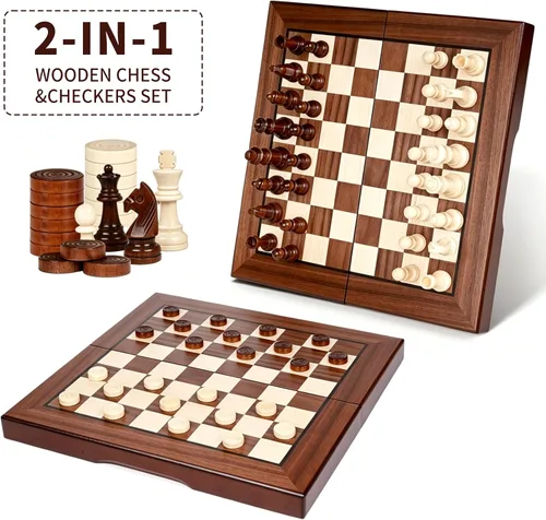 Miniatura 2 de Rinten Juego de ajedrez magnético de madera de 12 a 7 pulgadas, juego de tablero de ajedrez plegable portátil de viaje, juego de estrategia