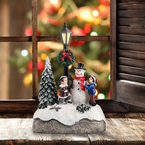 Miniatura 2 de Decoración de juego de pueblo de Navidad, luces LED cálidas de resina, figuras de árbol de Navidad, mini muñeco de nieve, juegos de regalo de casa