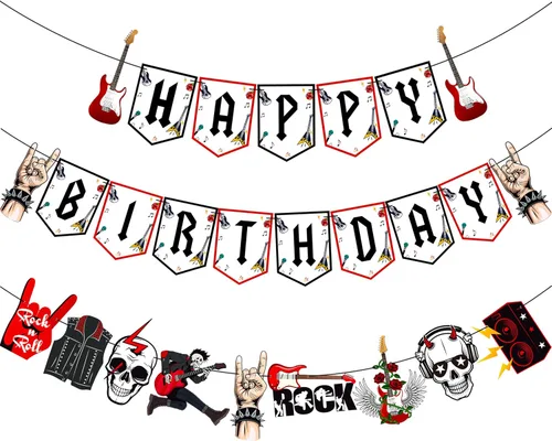 Miniatura 2 de Cartel de cumpleaños de Rock and Roll, 3 unidades, pancartas de fiesta de música rock, decoración de fiesta de cumpleaños, pancartas colgantes