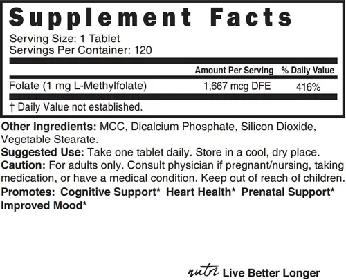 Miniatura 5 de Nutri 5-MTHF L Metilfolato 1MG - Suministro para 4 meses, 120 tabletas veganas - Suplemento de folato metilado - Función cognitiva, salud cardíaca
