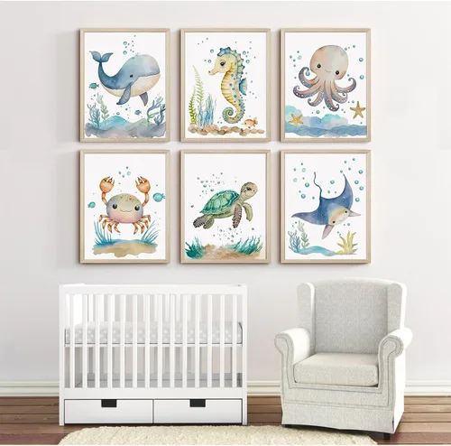Miniatura 6 de Juego de 6 decoración de pared de animales marinos para guardería, lienzo de acuarela de océano, arte de pared para habitación de bebés y niños