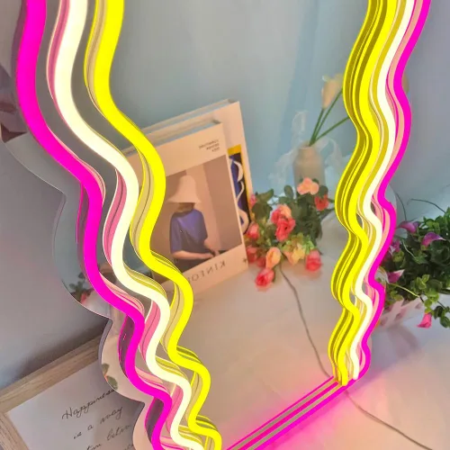Miniatura 5 de jXIN Letreros de neón de espejo ondulado para decoración de pared, espejos decorativos irregulares montados en la pared con luces de neón regulables