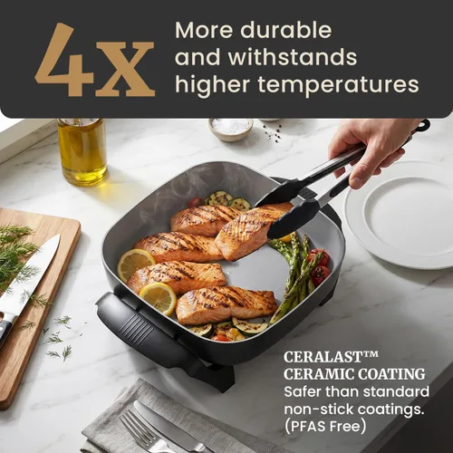 Miniatura 2 de Elite Gourmet Sartén eléctrica de cerámica sin PFAS, extra profunda de 12 x 12 x 3 pulgadas, menos salpicaduras, apto para lavavajillas, calor