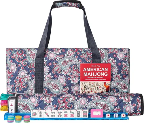 Miniatura 10 de Juego de Mahjong Americano GUSTARIA, 166 fichas blancas de calidad, 4 estantes/empujadores de color todo en uno, juego completo de fichas de Mahjong