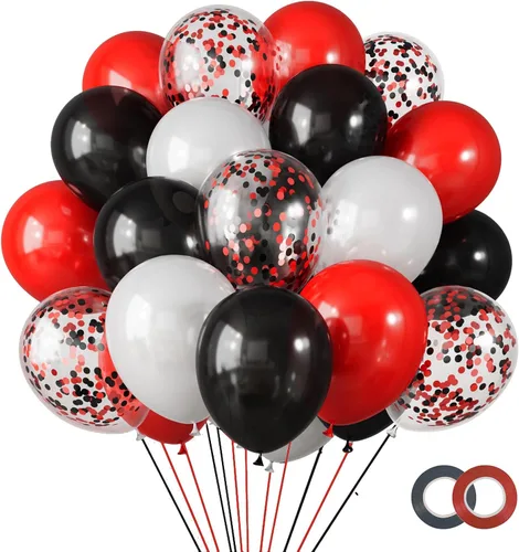 RUBFAC 65 piezas de globos de 12 pulgadas, kit de globos rojos, negros y blancos con confeti y cintas para cumpleaños, bodas, baby shower, Negro