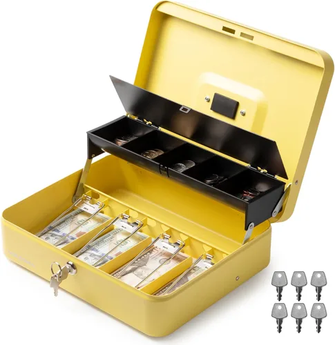 Miniatura 8 de Volcora Caja Grande de Dinero con Cerradura de Llave, Caja de Dinero de Metal para Efectivo, Caja de Seguridad con Cerradura Portátil y Bandeja