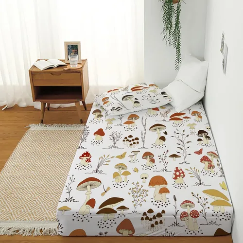 Miniatura 8 de MUSOLEI Sábana bajera ajustable de hongos, ropa de cama de hongos, decoración de hongos para niños, niños; juego de sábanas individuales; 1 sábana