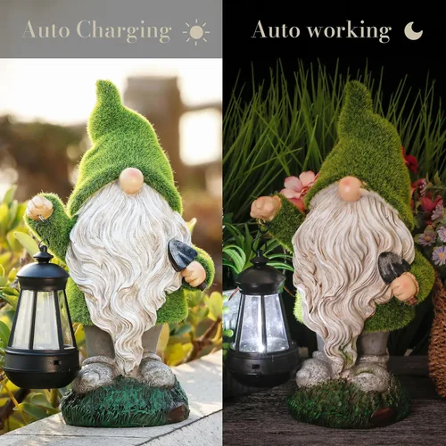 Miniatura 6 de TERESA'S COLLECTIONS Estatua de Navidad al aire libre para el hogar, decoraciones de gnomo de resina con luces solares para exteriores para Verde