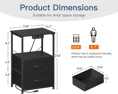 Miniatura 3 de Casaottima Mesita de noche con estación de carga y luces LED, mesa auxiliar para dormitorio con 2 cajones de tela, pequeña mesita de noche con Negro