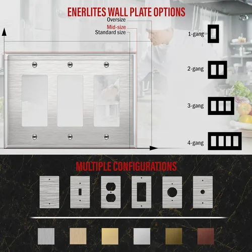 Miniatura 4 de ENERLITES Placa de pared de metal con interruptor decorativo triple, cubierta de tomacorriente de acero inoxidable, resistente a la corrosión, acero